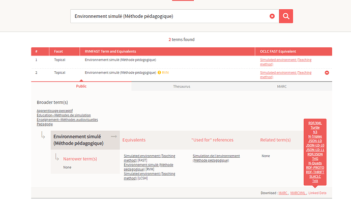 Screenshot from search results in RVM FAST displaying download options for Linked Data files about the term for "Simulated environment (Teaching method)"