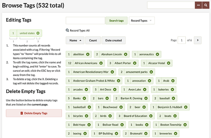 Image depicts location of the Delete Empty Tags button on the admin Tags page.